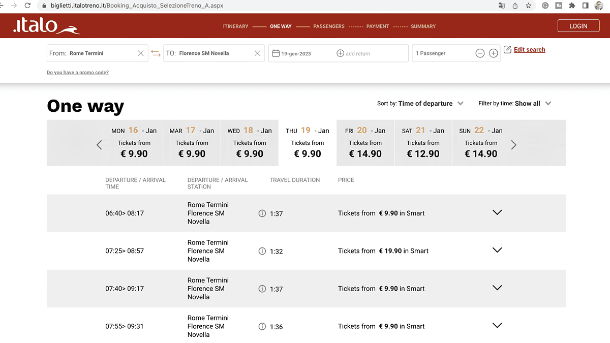 High Speed Train Prices from Rome Termini to Florence SM Novella